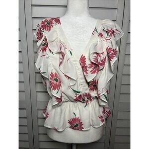 Wayf Sleeveless V-Neck Floral Ruffle Peplum Top Size Large